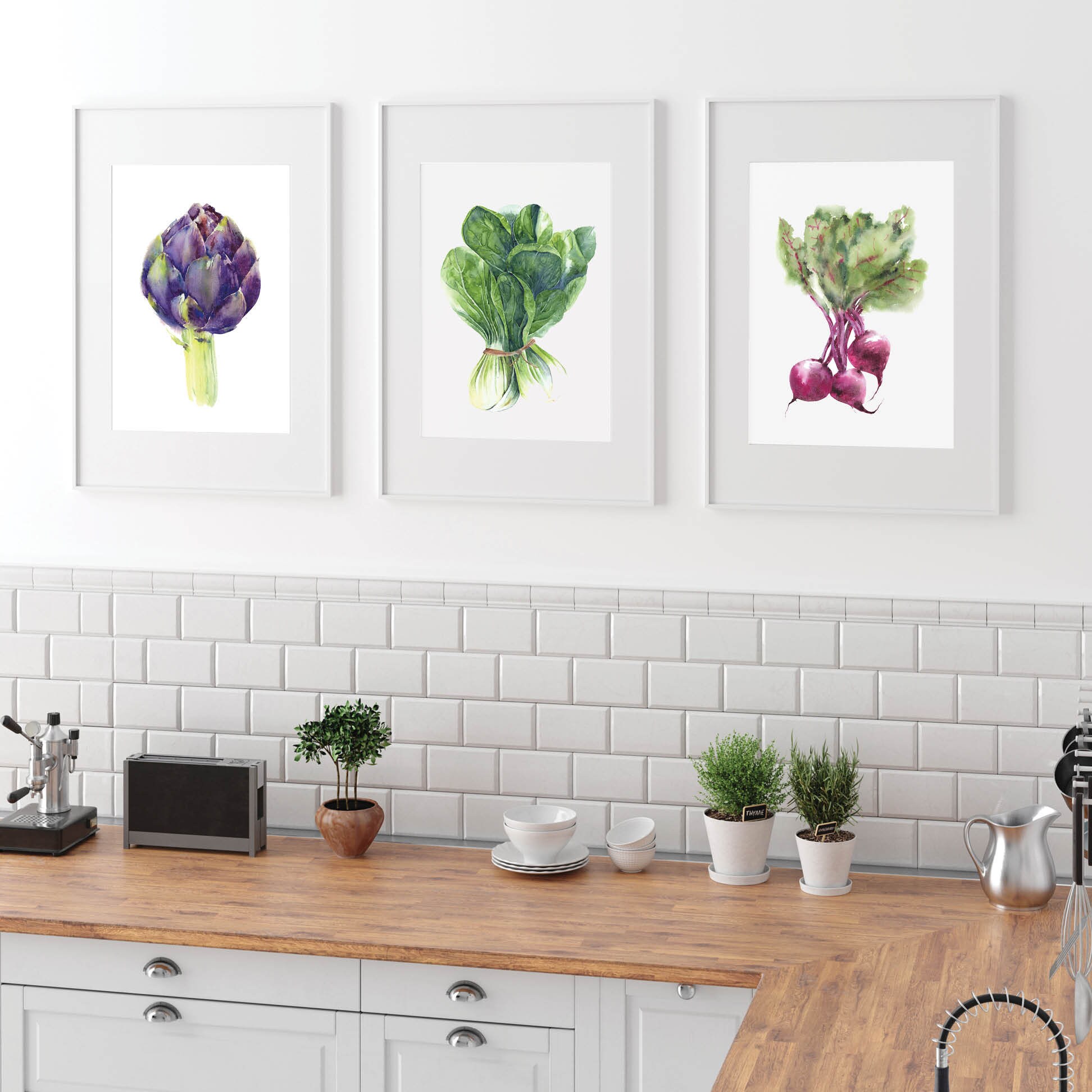 rustic vegetable kitchen prints | 3-piece wall art |... Vegetable Watercolor Art Print Set, Kitchen Decor (PDF) - Etsy