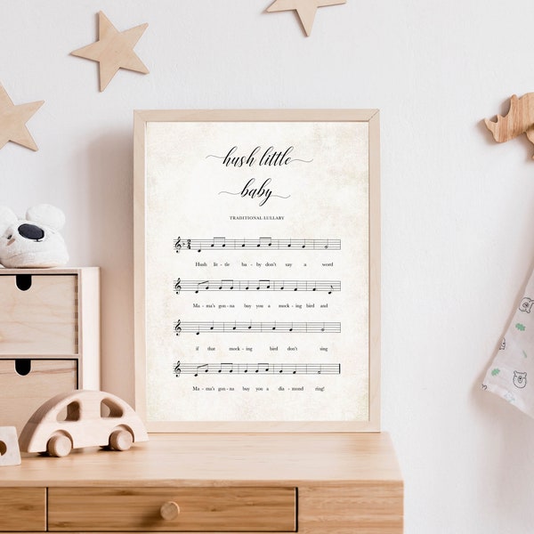 Hush Little Baby Lullaby Print, Printable Wall Art, Sheet Music Print, Digital Print, Home Decor, Instant Download, Nursery Kids Room Art