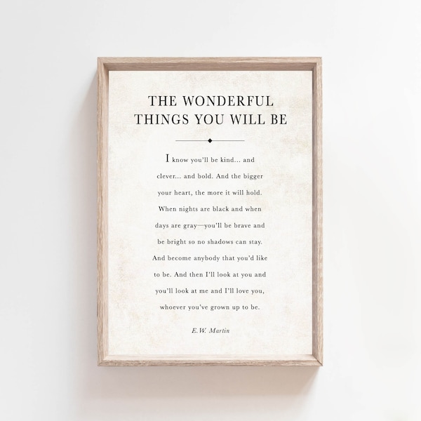 The Wonderful Things You Will Be, Literature Printable, Book Page Quote Sign, Farmhouse Decor,  Kids Room Nursery Decor, Inspirational Words