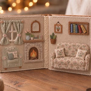 Puede incluir: Un libro de fieltro que presenta una escena interior de sala de estar en dos páginas. La página izquierda muestra una ventana con cortinas, una chimenea y un sillón. La página derecha muestra un sofá con cojines, un estante y una planta.