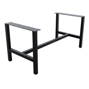 May include: Black metal table base with two rectangular supports and a crossbar. The base is designed to support a tabletop.