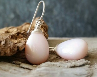 Peruvian Opal Earrings, AAA Peruvian Pink Opal Drops and Sterling Silver, Andean Opal Jewelry, Baby Pink Earrings, October Birthstone