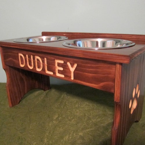 Elevated Food Dish Holder w/ Paw Print Carved Legs, Dog Dish Holder w/ Paw Print Carved Legs, Cat Dish shops Holder w/ Medium 64oz Bowls