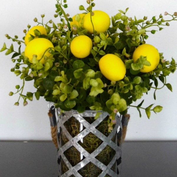 Lemons and Greenery Arrangement in Rustic Galvanized Vase