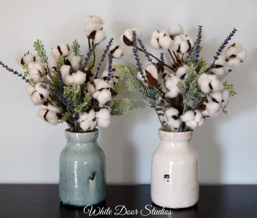 Rustic Farmhouse Cotton Stem Arrangement in Ceramic Vase Etsy