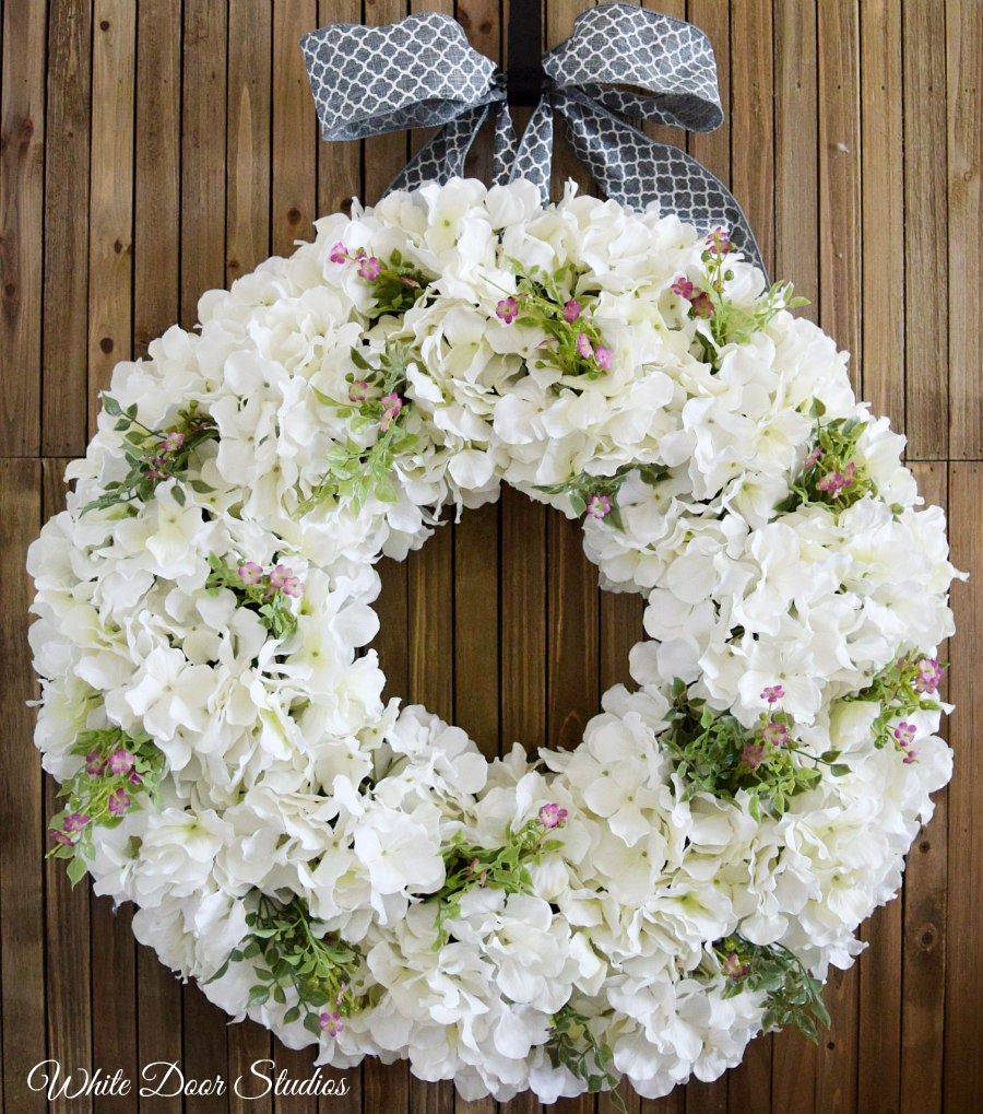 White Hydrangea Wreath Front Door Spring 1