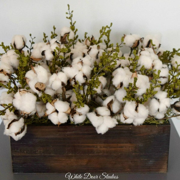 Large Cotton Centerpiece | Cotton Decor | Farmhouse Decor | Rustic Decor | Cotton Stems in Wood Planter Arrangement | Second Anniversary