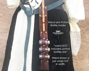 May include: A brown leather wand and potion bottle holder with three small glass bottles. The holder is attached to a belt. The text on the image says "Wand and Potion Bottle Holder" and "Wand shown is just under 0.5" in width."