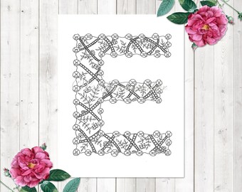 Adult Coloring Pages Letter E Page Alphabet Printable Kids Instant Digital Download