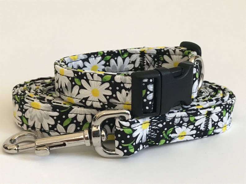 Daisy Daisies on Black Print Dog Collar and Leash Set you Etsy