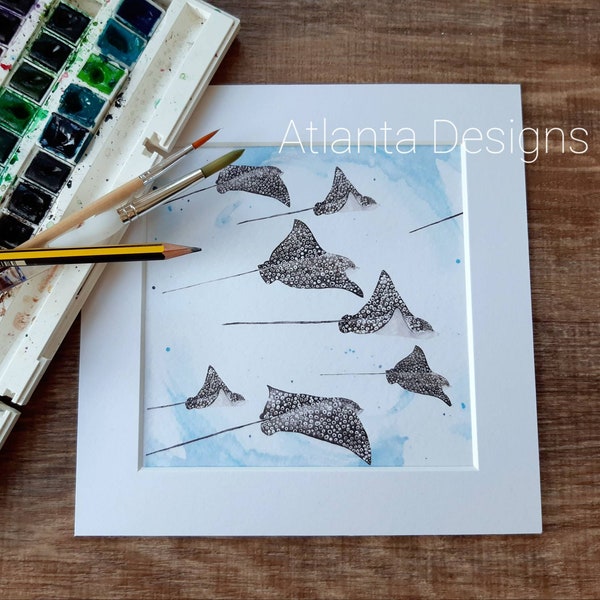 Spotted Eagle Rays Watercolour Print - Ocean & Diving Theme