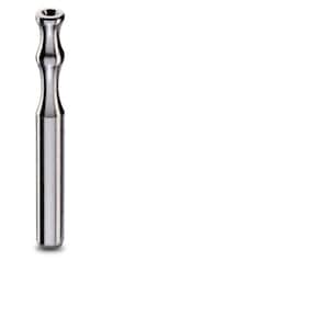 May include: A silver metal dental tool with a rounded tip and a flared base.