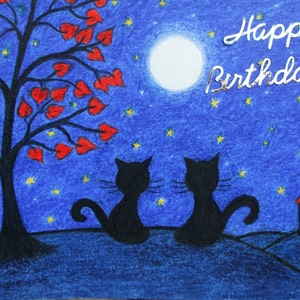 Katze Geburtstagskarte, Katzen Mond Geburtstags-Kunstkarte, Liebe Geburtstagskarte, Romantische Karte, Geburtstag Katzen, Blau Geburtstagskarte, Kratzbaum Mond Sterne