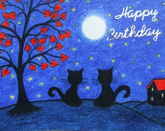 Cat Birthday Card, Cats Moon Birthday Art Card, Love Birthday Card, Romantic Card, Birthday Cats, Blue Birthday Card, Cat Tree Moon Stars