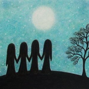 Carte de quatre soeurs, carte d'amis de la lune, carte d'art de silhouette, carte d'anniversaire de soeur, carte de quatre amis d'étoiles de lune de Noël, carte d'art spirituel