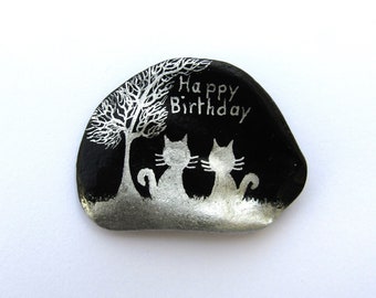 Cat Birthday Card, Unique Shell Art Card, Two Cats Tree Moon Painting, Birthday Card for Him, for Her, Hand Painted Seashell, Friend Card