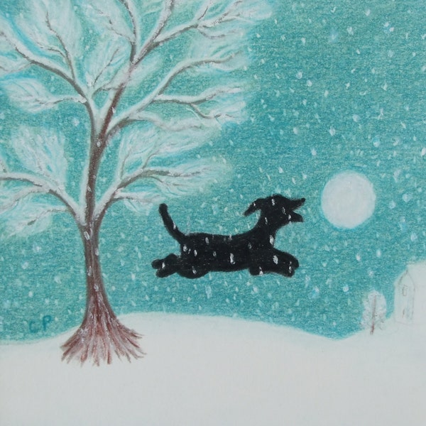 Dog Card, Christmas Black Dog Snow Card, Childrens Christmas Card, Moon Tree Card, Winter Puppy Card, Snowball Dog Art Card Illustration