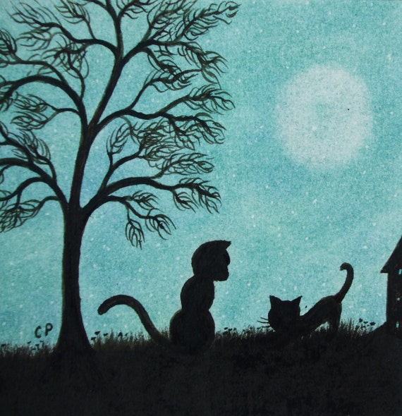 Cat Card Kitten Tree Moon Art Card Mother Daughter Card Etsy 日本