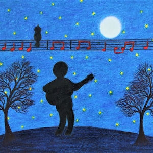 Carte guitare, carte d'anniversaire musique, carte silhouette guitariste étoiles lune, art spirituel, oiseau sur le fil, Leonard Cohen, musicien, Noël