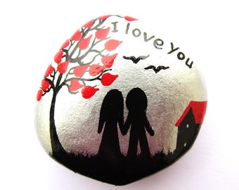 Pietra dipinta, regalo d'amore per lui, anniversario per lei, arte romantica, dipinto su sasso "Ti amo", fidanzata fidanzato, albero di San Valentino
