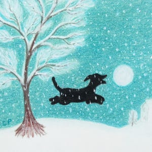 May include: A whimsical illustration of a black dog leaping through a snowy landscape. A leafless tree stands to the left, with a full moon in the sky. The artwork is rendered in soft, pastel colors, evoking a sense of winter and playfulness.