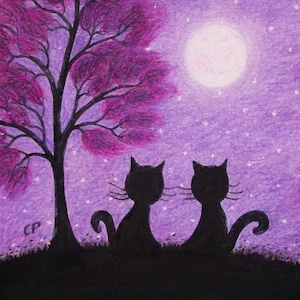 Carte chat, carte d'art ami, carte de lune arbre deux chats noirs, carte d'anniversaire de chat, silhouette animale, carte de l'amitié, arbre mauve, Saint-Valentin