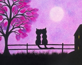 Cartão com Gatos, Arte Romântica de Animais, Dois Gatos Pretos, Árvore e Lua, Cartão de Amor, Silhuetas, Aniversário de Casamento, Noivado, Gay, Lésbica, Dia dos Namorados
