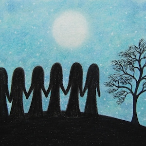 Kaart zusters, kaart zes vrienden maan, spirituele kunst, boomsilhouet, meditatie, kerstkaart, meisjes sterren maan, blanco verjaardagskaart
