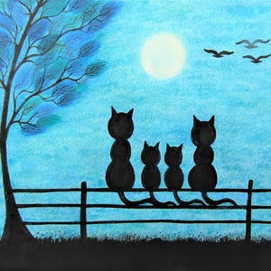 May include: A whimsical painting depicts a moonlit night scene. Silhouetted black cats sit on a fence, with a tree and a house in the background. The sky is a gradient of blue, with birds flying above.