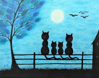 Four Cats Card, Mothers Day Tree Moon Black Cat Art Card, Daughter Card, Two Kids Mum Dad Card, Twin, Kitten Birds, Animal Family Silhouette