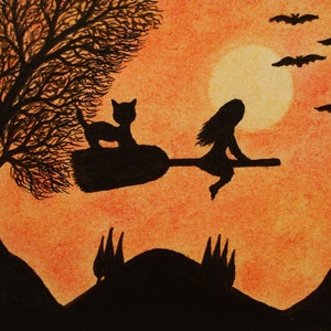 Carte d'Halloween, carte silhouette fille chat chauves-souris, oeuvre d'art d'Halloween, carte chat noir sorcière, carte de voeux Halloween, chat sur un arbre à balai, carte vierge