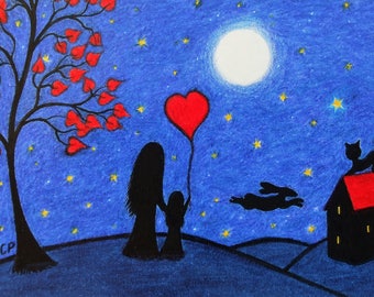 Carte mère fille, anniversaire coeur, art spirituel, lune étoiles enfant carte maman, petite fille lièvre chat Silhouette carte vierge fête des mères