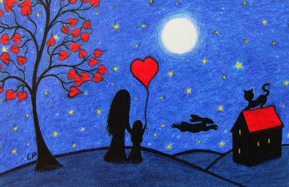 Mother Daughter Card, Birthday Heart, Spiritual Art Card, Moon Stars Child Mom, Grand Daughter, Hare Cat Silhouette, Valentines, Mothers Day