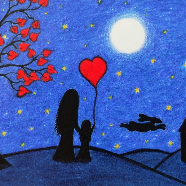 Mother Daughter Card, Birthday Heart, Mothers Day, Spiritual Art Card, Moon Stars Child Mom, Grand Daughter, Hare Cat Silhouette, Valentine