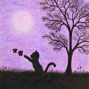 Cat Butterfly Card, Daughter Card, Black Cat Tree Moon Card, Purple Card, Butterflies Silhouette Art Card, Kids Card Blue Tree, Illustration