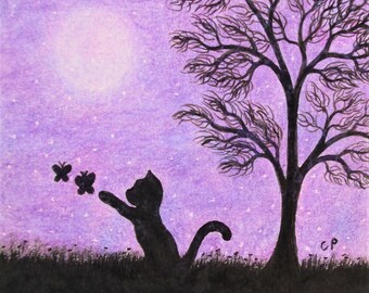 Cat Butterfly Card, Daughter Card, Mothers Day, Black Cat Tree Moon Card, Purple Card, Butterflies Silhouette Art Card, Kids Card Blue Tree