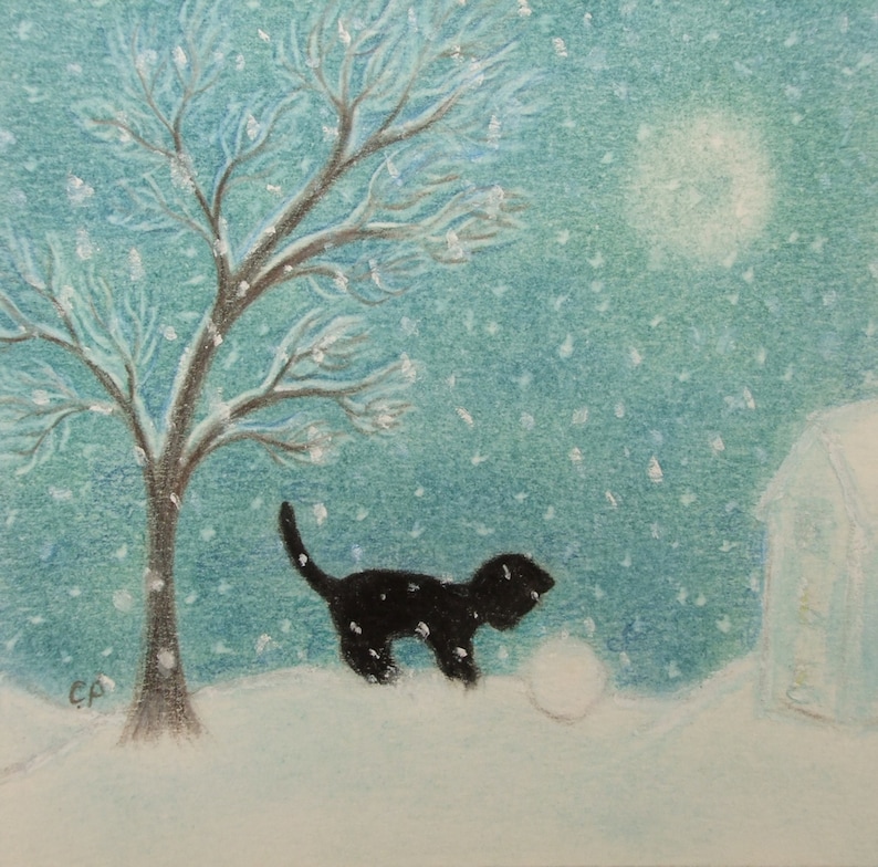 Carte neige chat, carte de Noël chaton noir, carte d'art hivernal, carte boule de neige chat, carte enfants, arbre enneigé, carte de vœux, carte unique pour enfants image 1