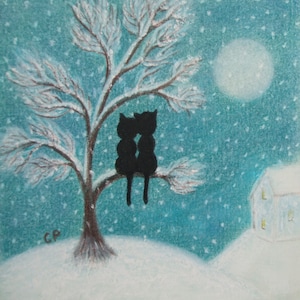 Christmas Cat Card, Romantic Tree Card, Love Cats Moon, Gay Christmas Card, Snow Art Card, Two Black Cats, Lesbian Xmas Card, Winter Moon