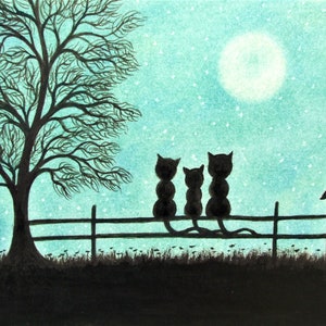 Carte trois chats, carte d'art fille fête des mères, carte chat noir arbre lune, chaton, carte fils, carte de voeux vierge, art animalier pour nouveau bébé, père