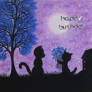 Carte d'anniversaire chat, art pour la fête des mères, fille, fils, carte de fleurs de chat noir, carte d'arbre lune pour maman, silhouette de chaton, art de chat bleu rouge violet