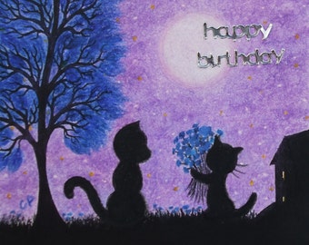 Cat Birthday Card, Mother Daughter Card, Black Cat Flowers Card, Black Cats Tree Moon Card, Card for Mum, Kitten Art Card, Gran Birthday