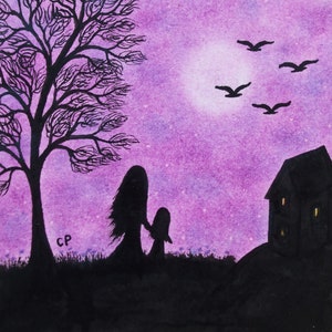 Mutter Tochter Karte, Mond Muttertag Kunstkarte, Mädchen Kaninchen Baum Karte, Vollmond, lila Karte für Mama, Hase Silhouette Karte, Enkelin
