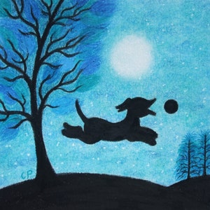 Carte chien, carte d'art chiot noir lune, carte de voeux silhouette chien boule, arbre bleu, carte d'anniversaire d'enfant, carte de chien blanche personnalisée, animal de compagnie