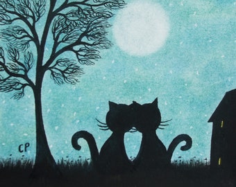 Cat Card Romantic Art Card Love Moon Card Engagement Black Etsy 日本