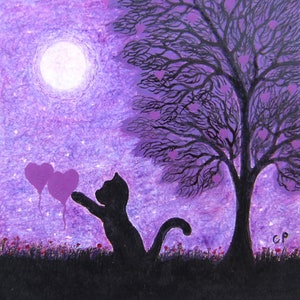 Carte coeur chat, carte d'anniversaire fille, carte arbre mauve, ballons coeurs chat noir, carte d'art personnalisée, lune, carte Saint-Valentin mère