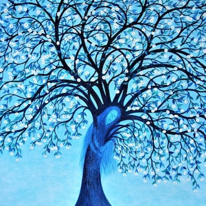 Carte arbre de vie, carte d'art spirituel, carte bleue de la déesse de l'arbre, mère nature, sauvegarde de l'environnement, carte de sympathie, fleur d'arbre, fête des mères