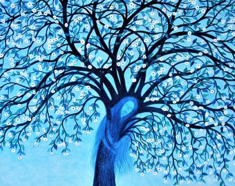 Tree of Life Card, Spiritual Mother, Blue Tree Goddess, Nature Abstarct Art Cards, Save the Environment, Sympathy, Tree Blossom, Mothers Day