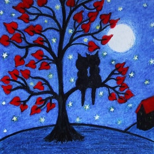 Cat Card, Hearts Tree Love Card, Romantic Art, Two Black Cats Moon Stars Card, Wedding Anniversary, Engagement, Gay, Lesbian, Valentine Day
