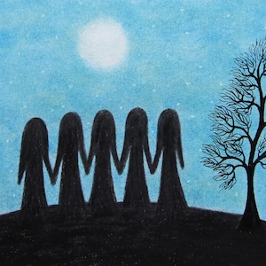 May include: Silhouette of five figures standing together against a blue sky with a white moon and a black tree in the background.