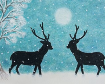 Christmas Card, Deer Moon Snow Card, Romantic Art Card, Animal Xmas Card, Stags, Reindeer Art Card, Engagement Winter Card, Friend Card